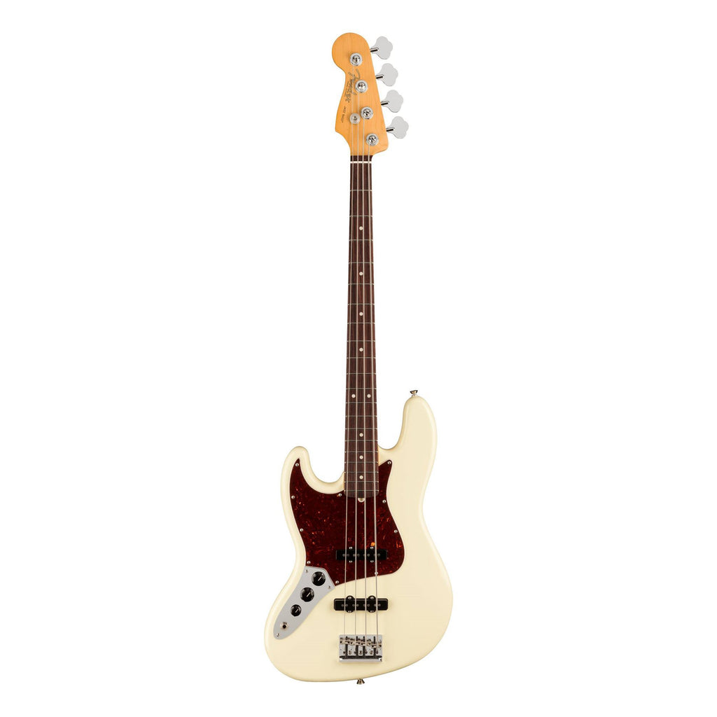 Fender American Professional II Jazz Bass LH with rosewood fretboard in Olympic White, showcasing the left-handed bass guitar.