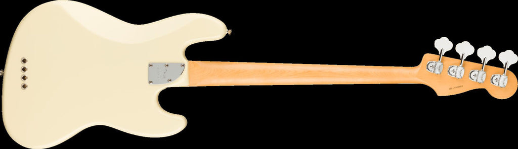 Fender American Professional II Jazz Bass LH with rosewood fretboard in Olympic White, showcasing its sleek body and hardware details.