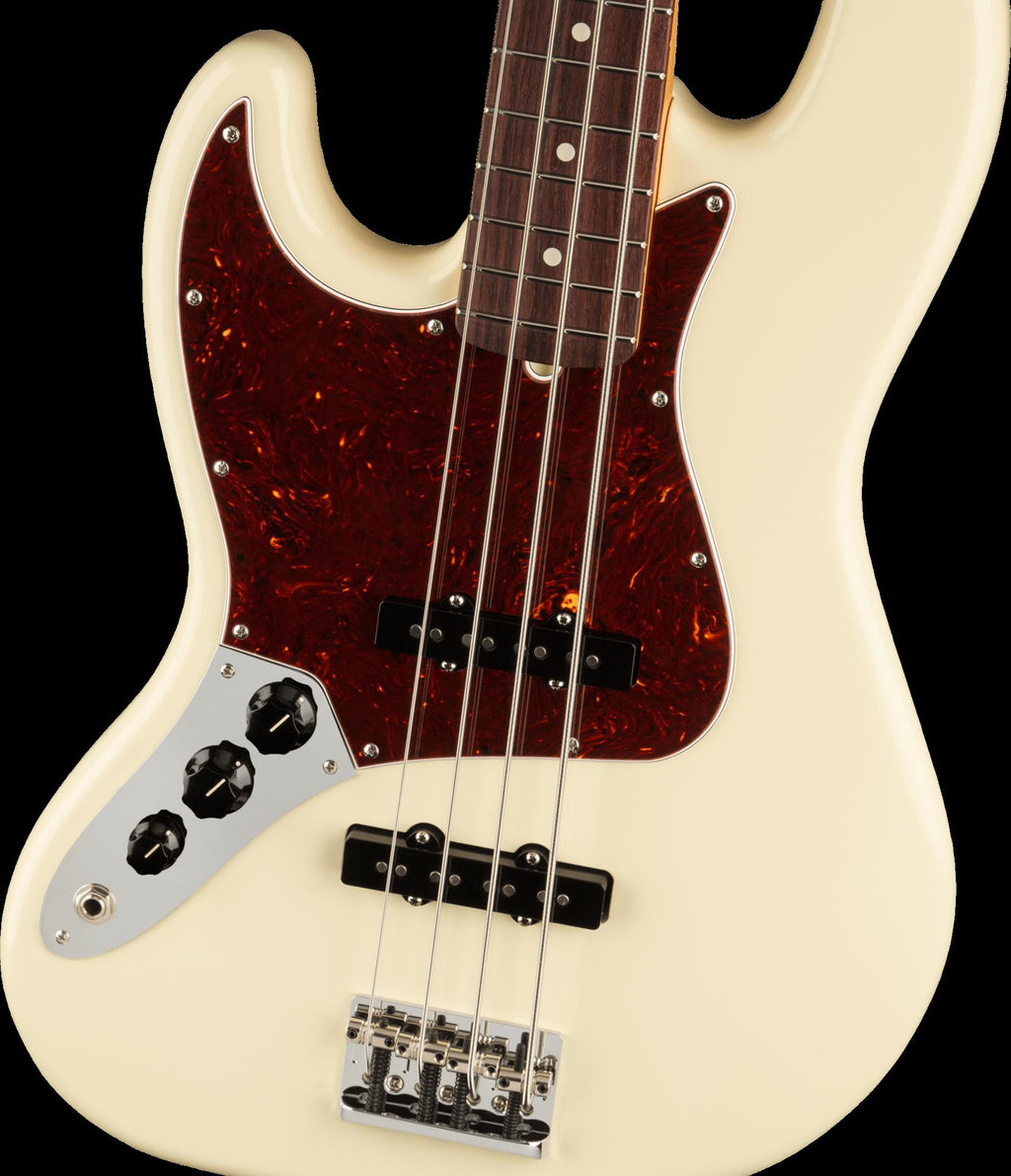 Fender American Professional II Jazz Bass LH with rosewood fretboard in Olympic White, showcasing the bass guitar's body and headstock.