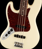 Fender American Professional II Jazz Bass LH with rosewood fretboard in Olympic White, showcasing the bass guitar's body and headstock.