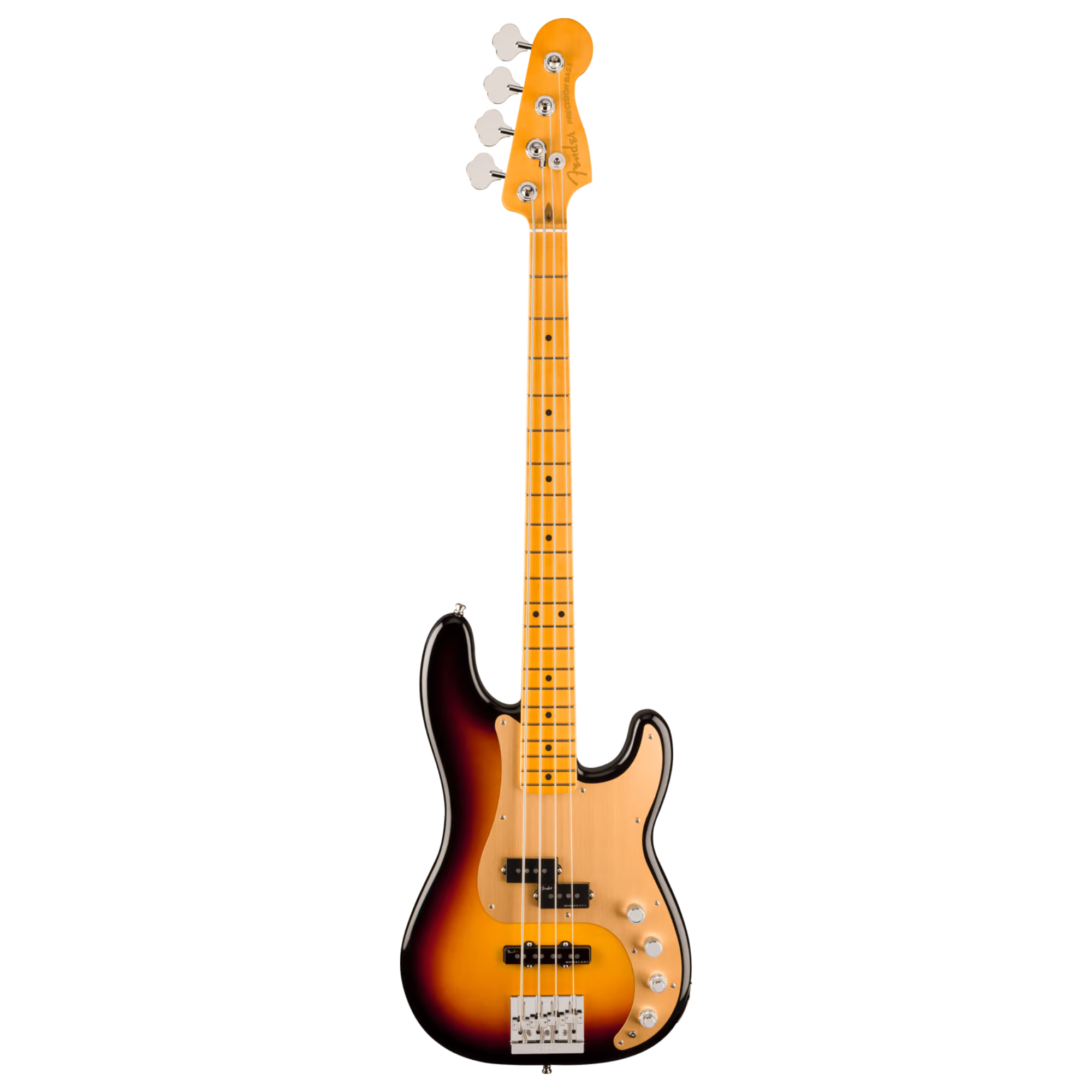 Fender American Ultra II Precision Bass with maple fretboard in Ultraburst finish, showcasing its sleek body and hardware details.