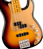 Fender American Ultra II Precision Bass with maple fretboard in Ultraburst finish, showcasing the bass guitar's body and hardware.