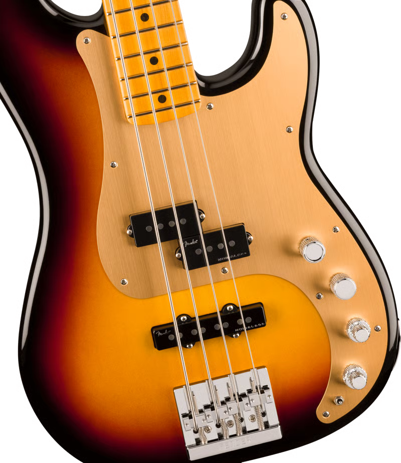 Fender American Ultra II Precision Bass with maple fretboard in Ultraburst finish, showcasing the bass guitar's body and hardware.