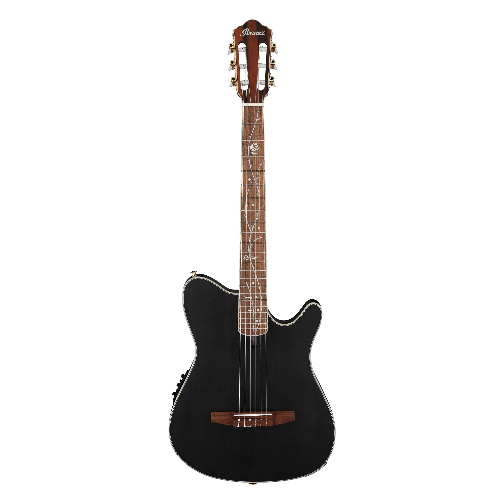 Ibanez Tim Henson TOD10N signature classical electric guitar with a sleek black finish and nylon strings, showcasing its modern design.