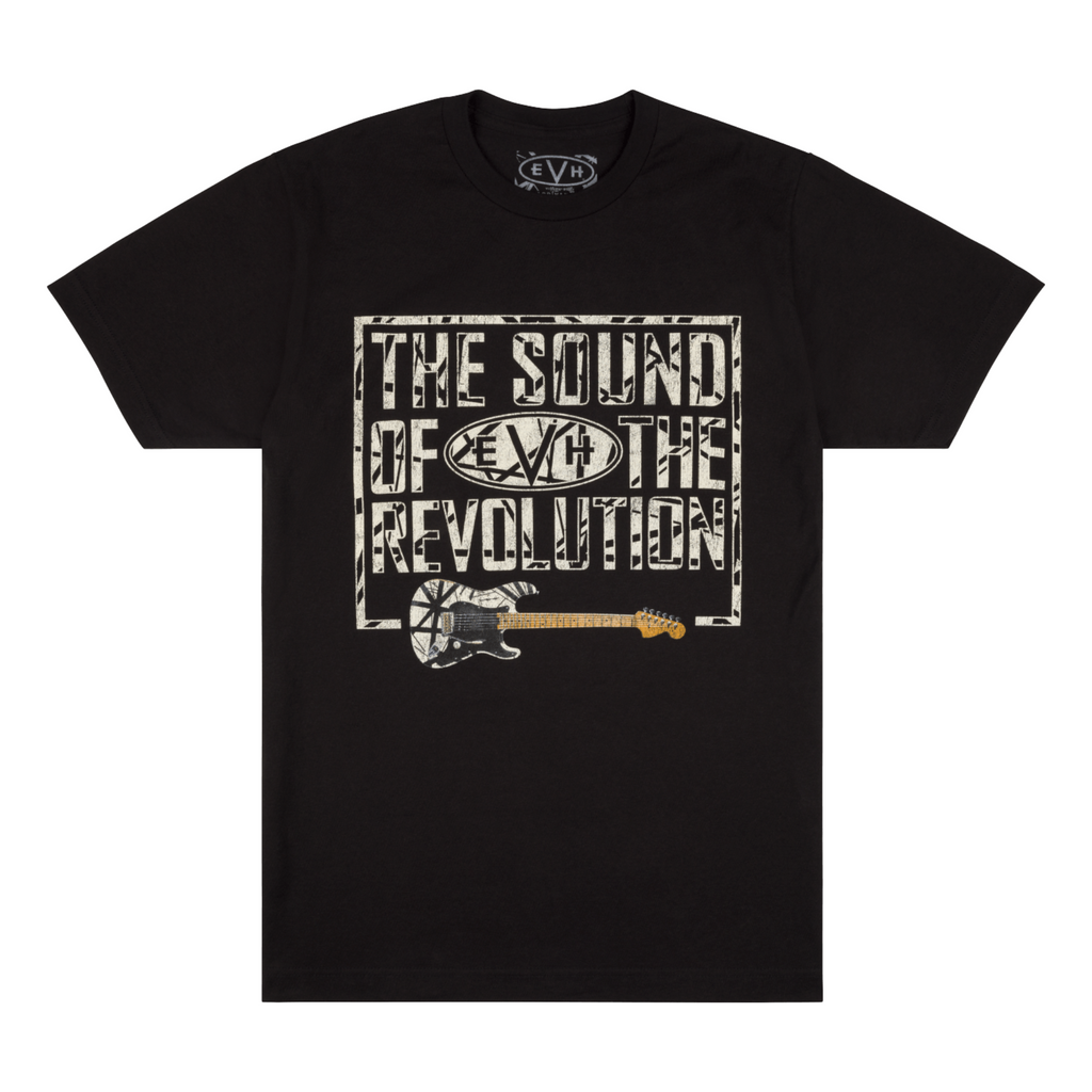 Black EVH Revolution T-Shirt in size M featuring guitar graphic and EVH branding on soft cotton fabric.