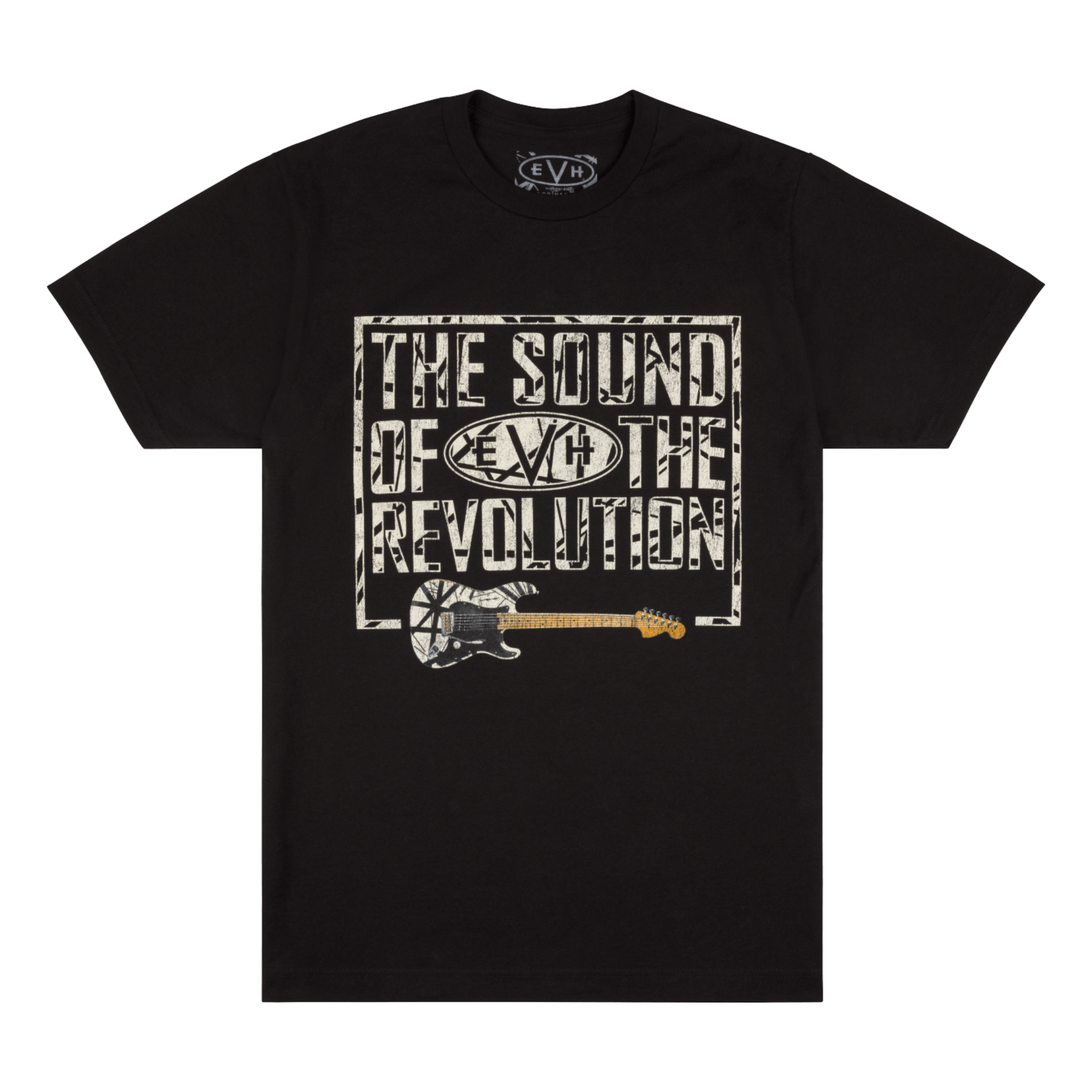 Black EVH Revolution T-Shirt in size M featuring guitar graphic and EVH branding on soft cotton fabric.