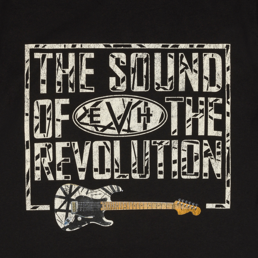 Black EVH Revolution T-Shirt for men featuring guitar-themed graphic design and EVH branding on the front.