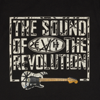 Black EVH Revolution T-Shirt for men featuring guitar-themed graphic design and EVH branding on the front.