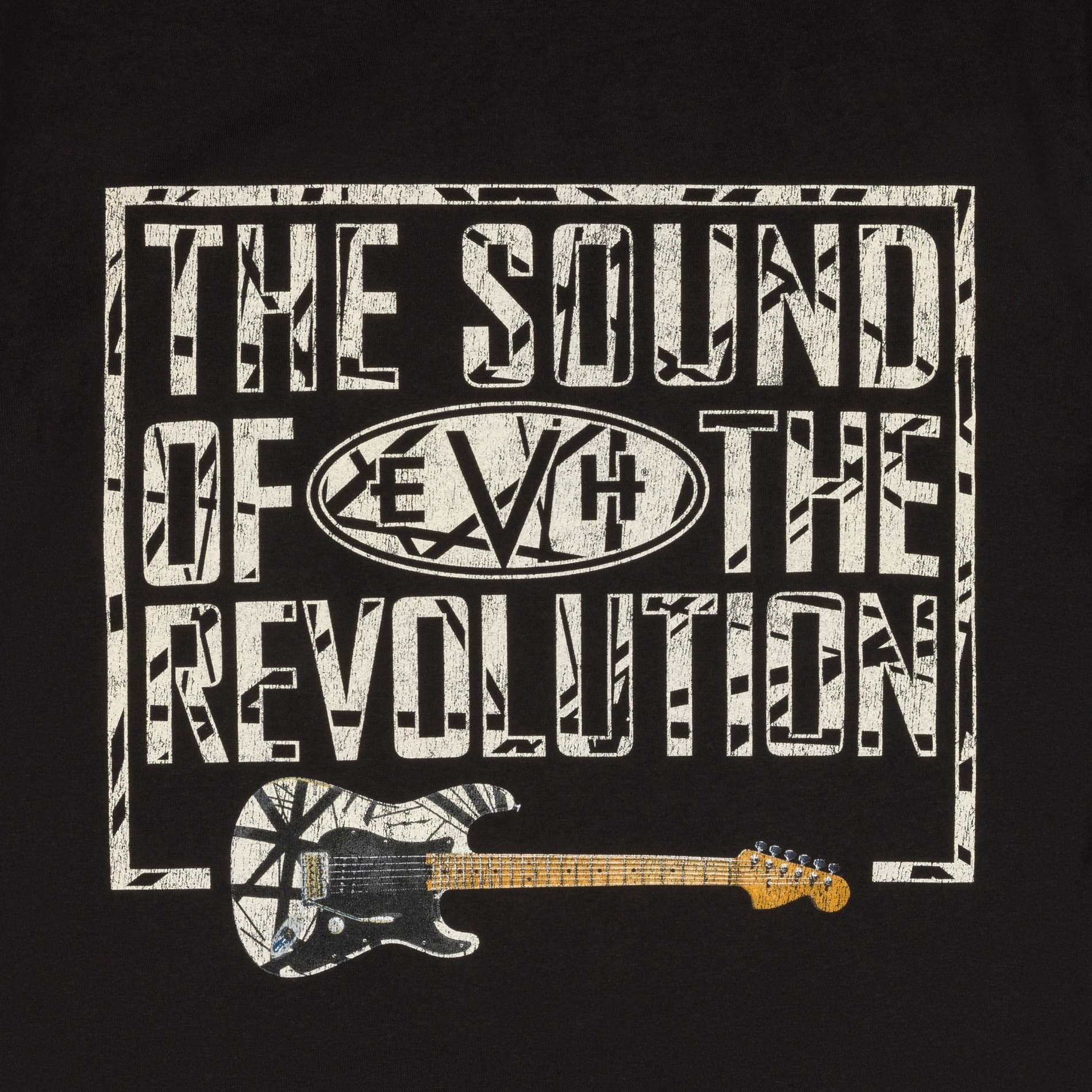 Black EVH Revolution T-Shirt for men featuring guitar-themed graphic design and EVH branding on the front.