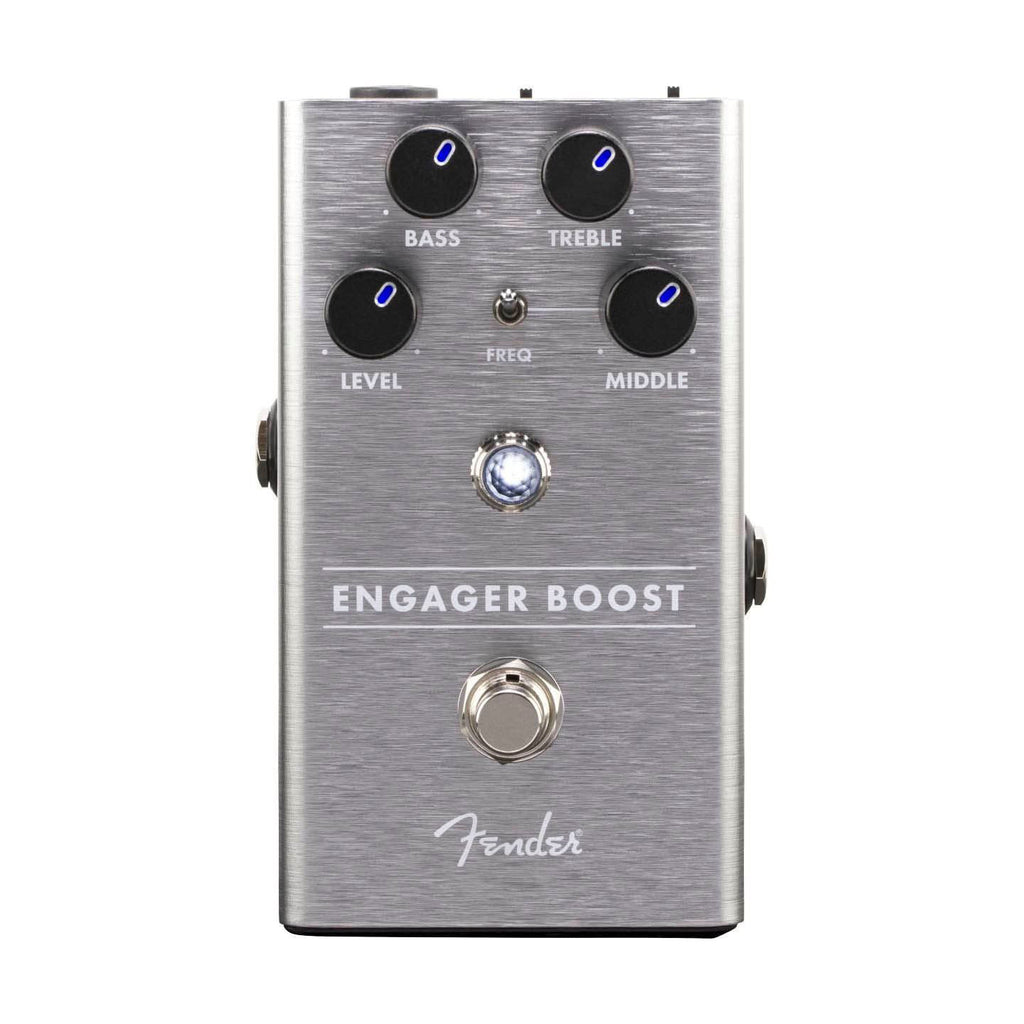 Fender Engager Boost guitar effects pedal with control knobs and input/output jacks, designed for electric guitar sound enhancement.