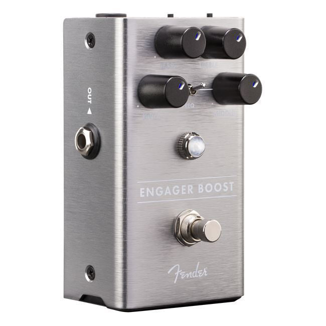 Fender Engager Boost guitar effect pedal with single effects pedal design, featuring controls and input/output jacks for musical amplification.