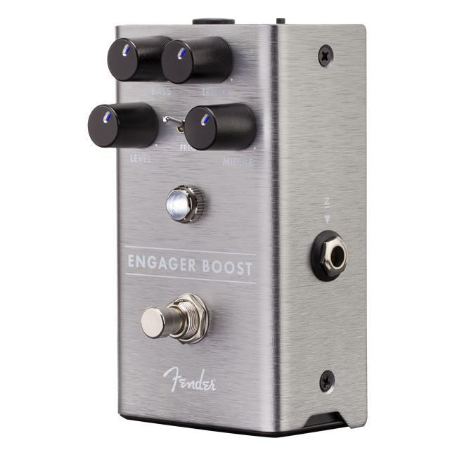 Fender Engager Boost guitar effect pedal with single footswitch and control knobs, designed for enhancing guitar sound.