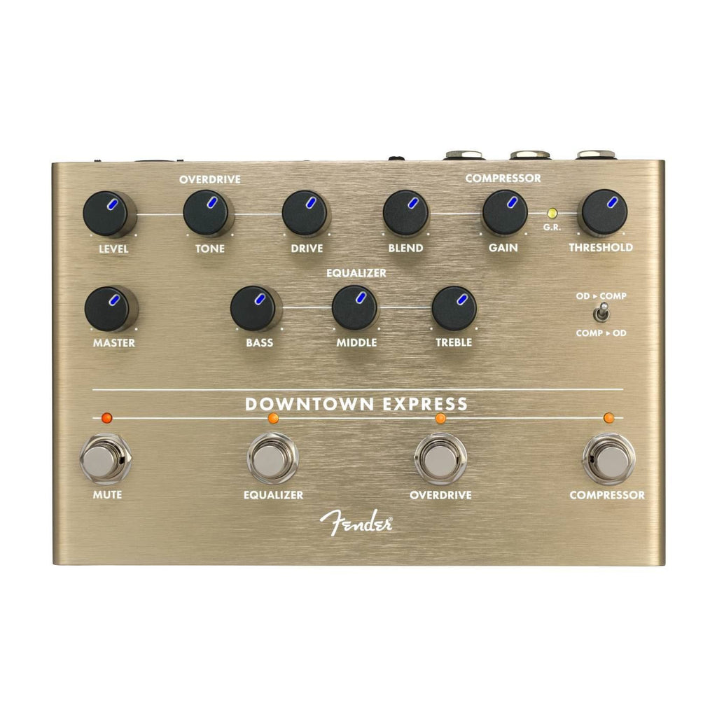 Fender Downtown Express Bass Multi Effect Pedal showing various control knobs and input/output jacks on a black pedal.