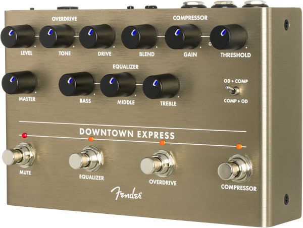 Fender Downtown Express Bass Multi Effect Pedal showing controls and input/output jacks on a black pedal with white lettering.