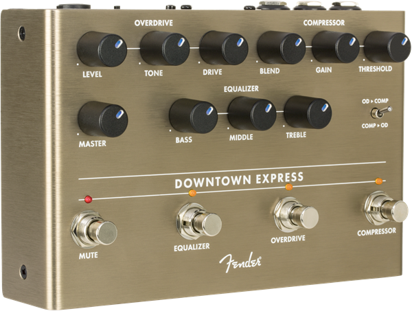 Fender Downtown Express Bass Multi Effect Pedal with multiple controls and input/output jacks for electric bass guitar.