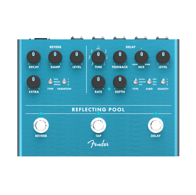 Fender Reflecting Pool Delay and Reverb guitar effects pedal with controls and input/output jacks on a pedalboard.