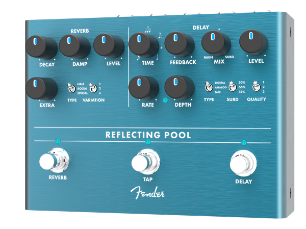 Fender Reflecting Pool Delay and Reverb guitar effect pedal with knobs and input/output jacks, used for sound modulation.