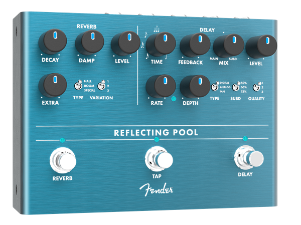 Fender Reflecting Pool Delay and Reverb guitar effects pedal with control knobs and input/output jacks, in black metal casing.