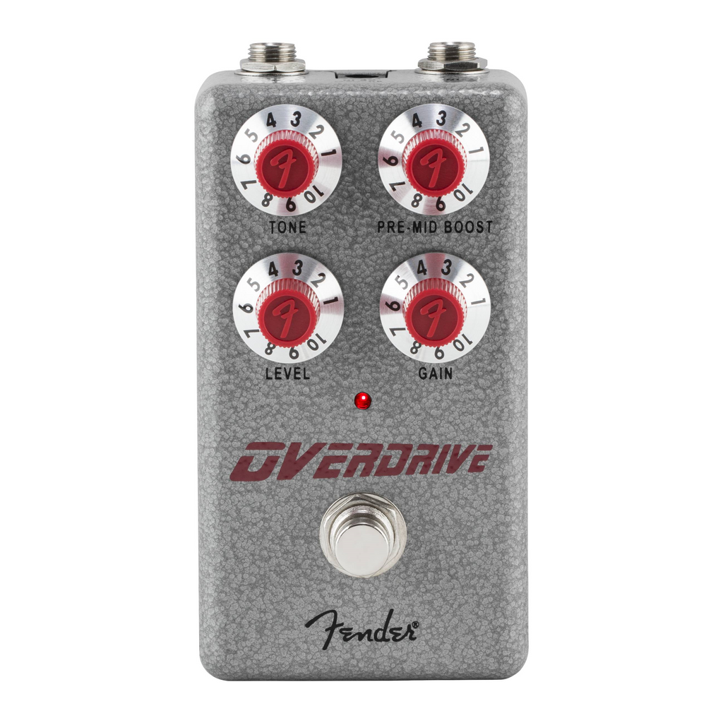 Fender Hammertone Overdrive guitar effect pedal with metal casing and control knobs, designed for electric guitar sound enhancement.