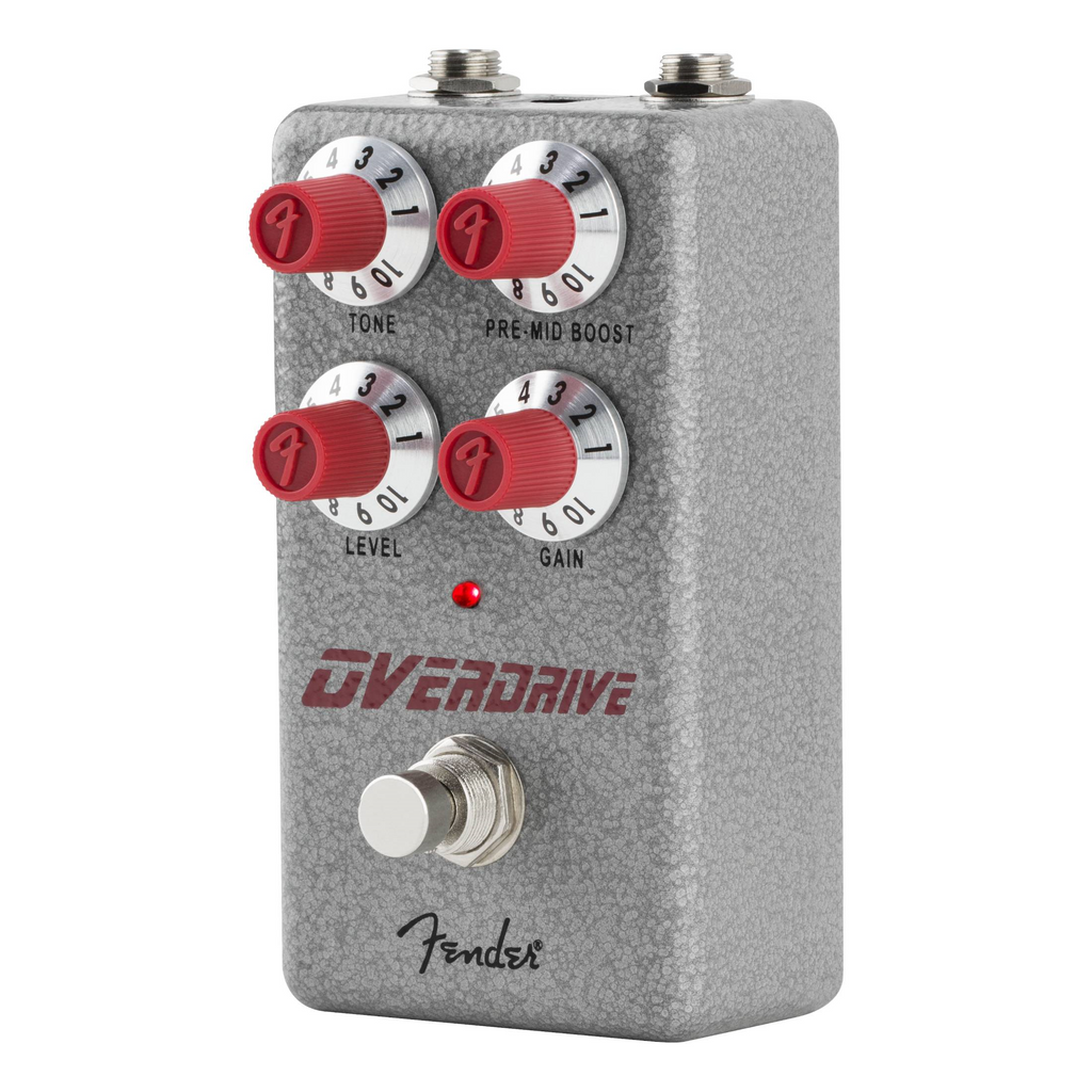 Fender Hammertone Overdrive guitar effect pedal with metal enclosure and control knobs for tone and gain adjustments.