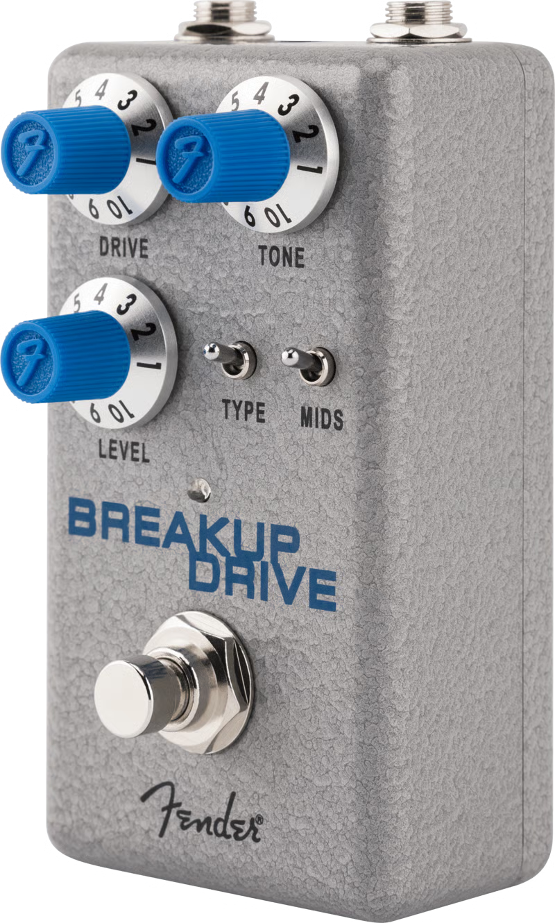 Fender Hammertone Breakup Drive effects pedal for guitar, showcasing its sturdy metal enclosure and control knobs.
