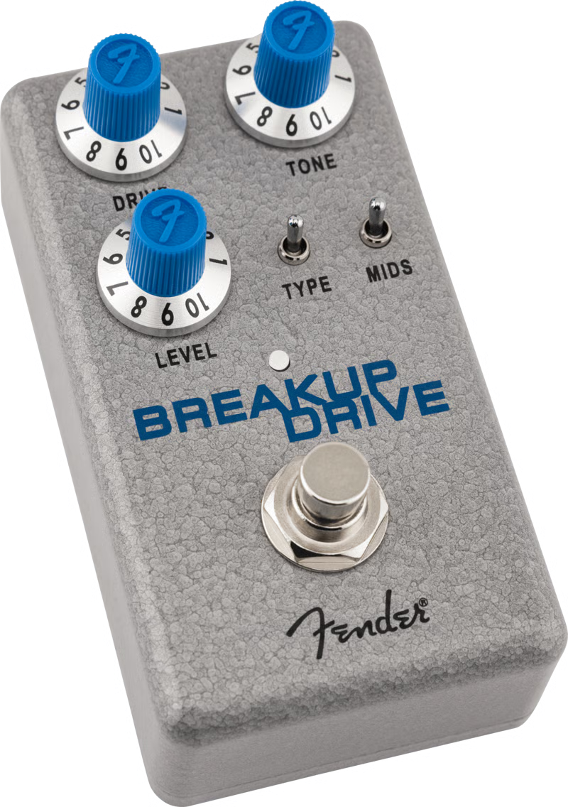 Fender Hammertone Breakup Drive effects pedal with black and silver finish, featuring control knobs and input/output jacks.