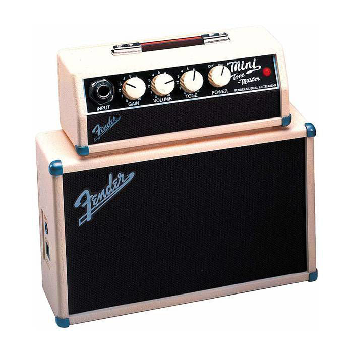 Fender Mini Tonemaster guitar amplifier in tan and brown with control knobs and vintage design, ideal for practice and small performances.