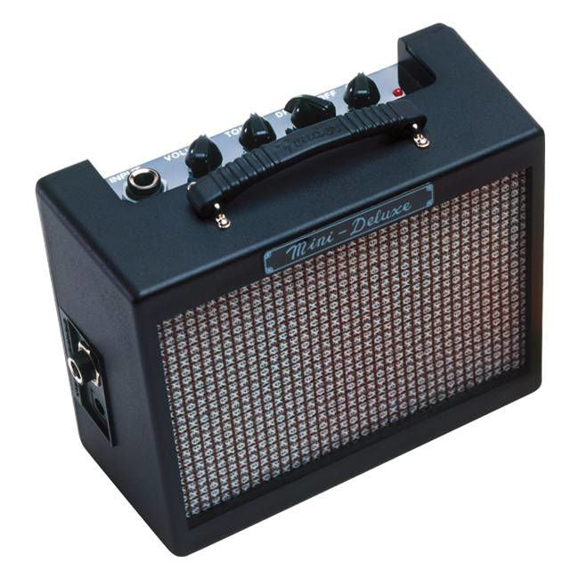 Black Fender MD20 Mini Deluxe Guitar Amplifier showing control knobs and compact design for portable practice.