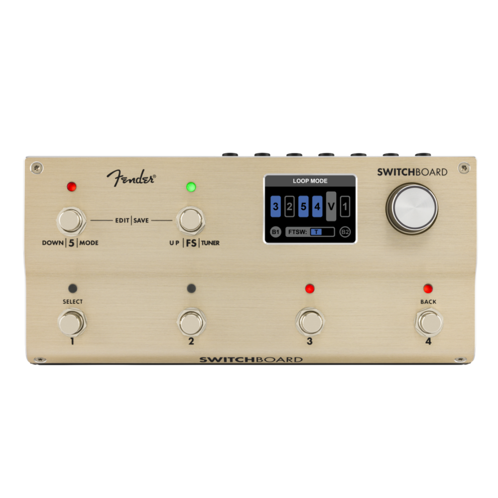 Fender Switchboard Effects Operator multi-effect pedal showing various control knobs and input jacks on a black pedal.