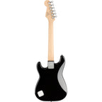 Fender Squier Mini Stratocaster electric guitar with black finish and laurel fretboard, compact design perfect for beginners.