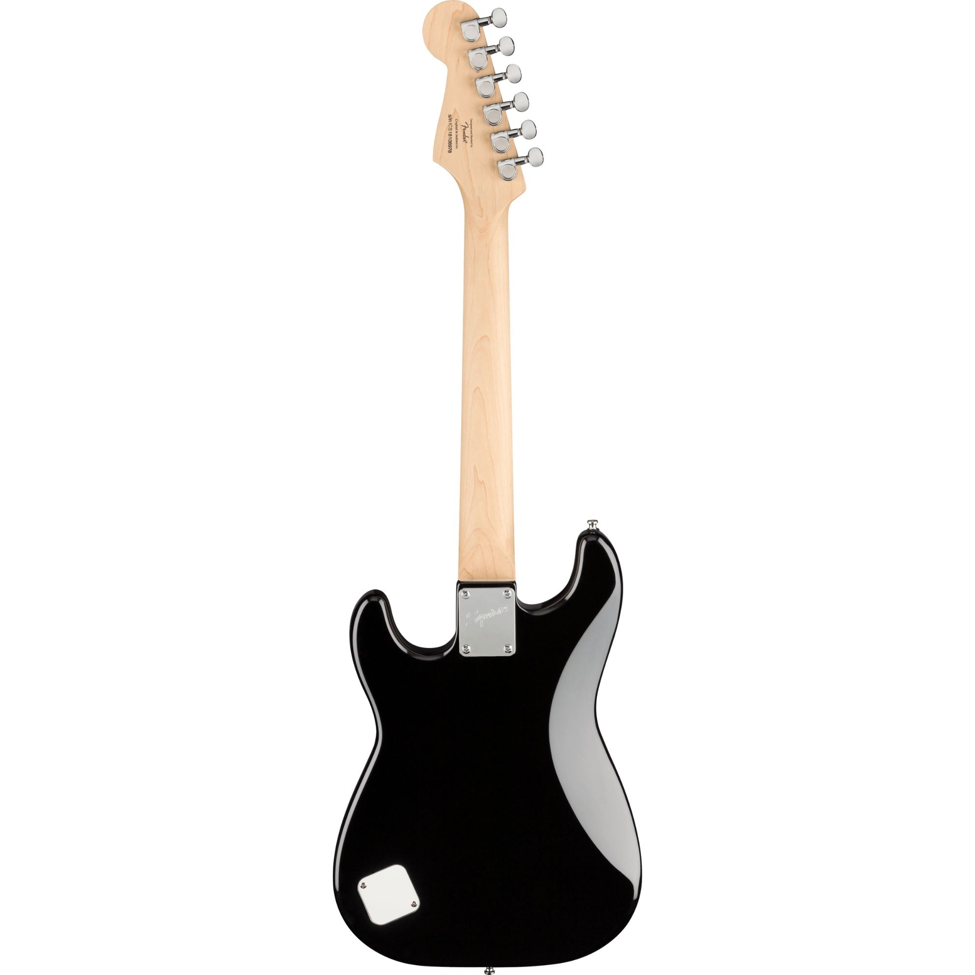 Fender Squier Mini Stratocaster electric guitar with black finish and laurel fretboard, compact design perfect for beginners.