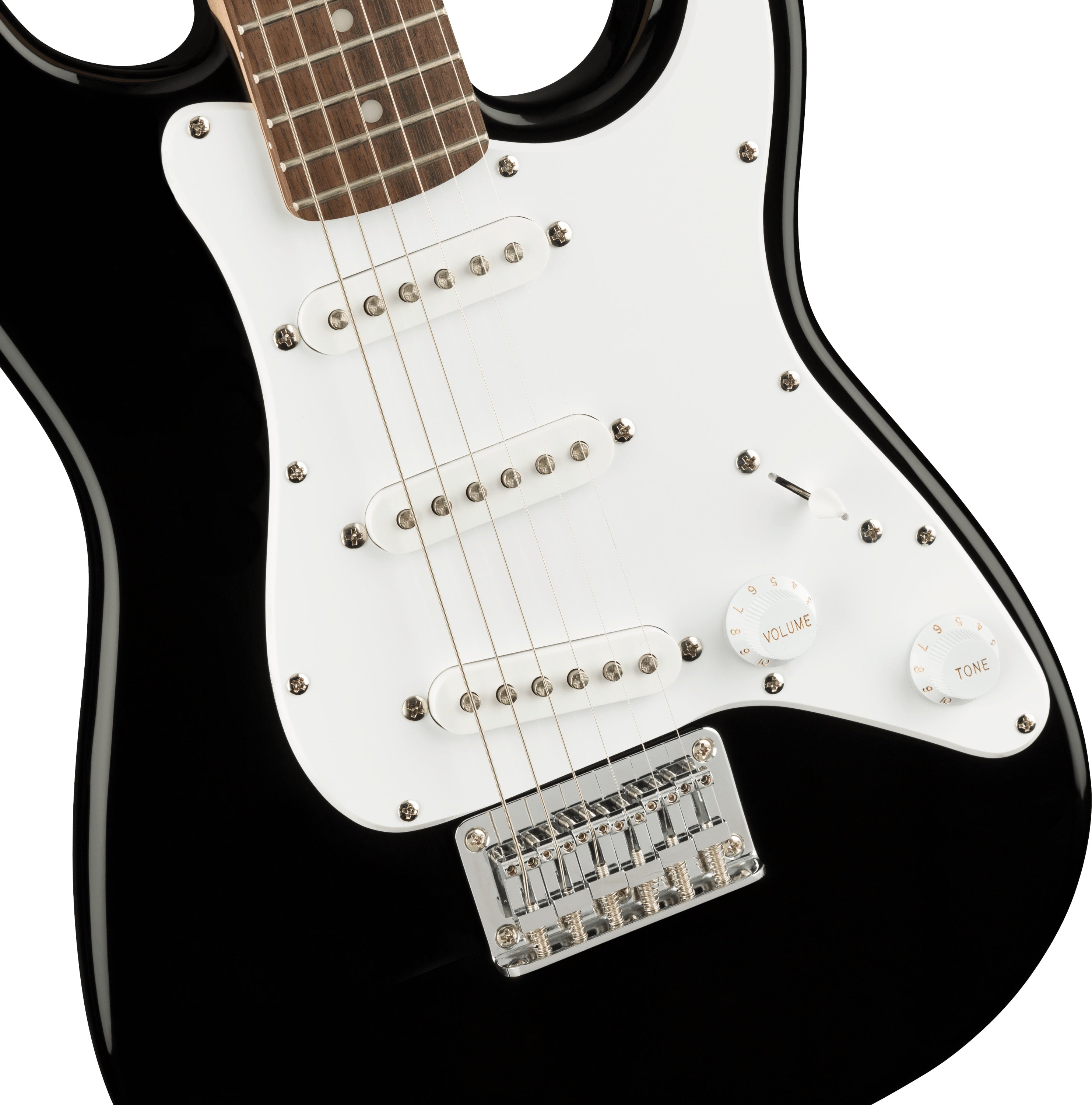 Fender Squier Mini Stratocaster electric guitar with black body and laurel fretboard, close-up view of the guitar's neck and fretboard.