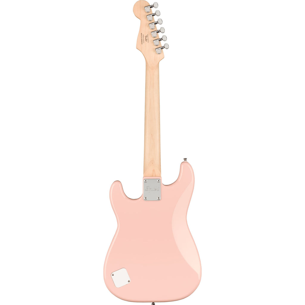 Fender Squier Mini Stratocaster electric guitar with shell pink finish and laurel fretboard, compact and stylish for young players.