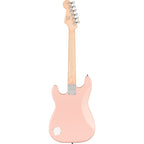 Fender Squier Mini Stratocaster electric guitar with shell pink finish and laurel fretboard, compact and stylish for young players.