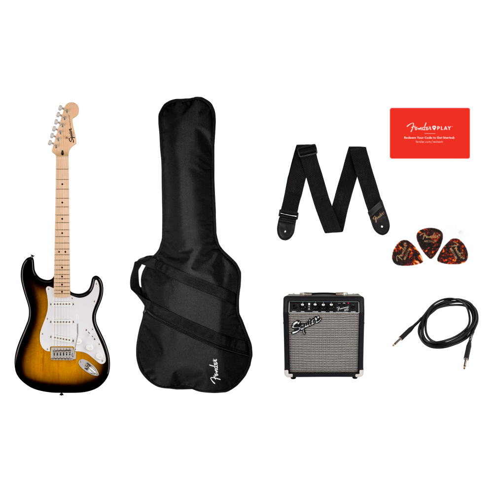Squier Sonic Strat electric guitar with map fretboard in 2-color burst finish, included gig bag, part of the Squier guitar package.