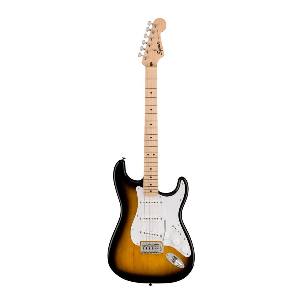 Squier Sonic Strat Pack electric guitar with map fretboard, 2-color burst finish, included gig bag, and accessories.