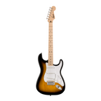 Squier Sonic Strat Pack electric guitar with map fretboard, 2-color burst finish, included gig bag, and accessories.