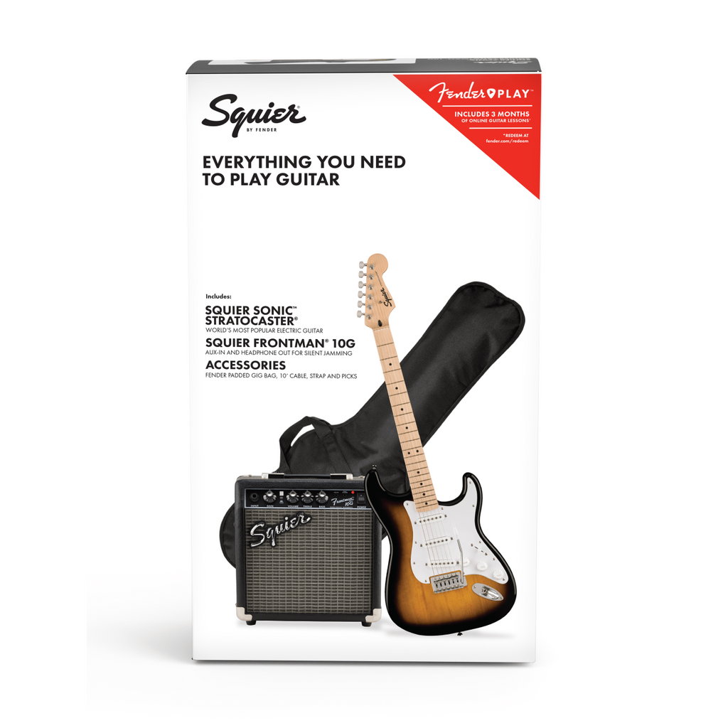 Squier Sonic Strat electric guitar with a maple fretboard in 2-color burst finish, included gig bag, part of the Squier guitar packages.