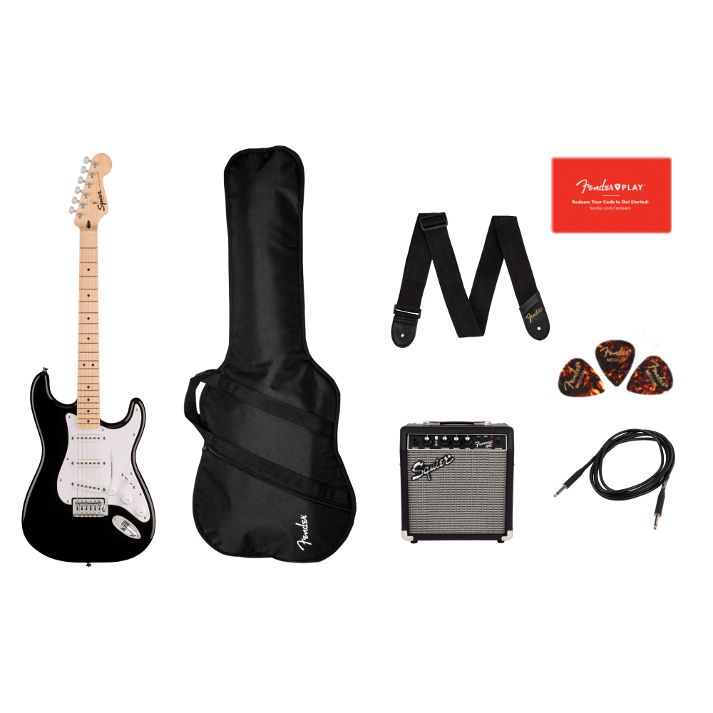 Squier Sonic Strat Pack Map Fretboard Black Gig Bag 10G AU
