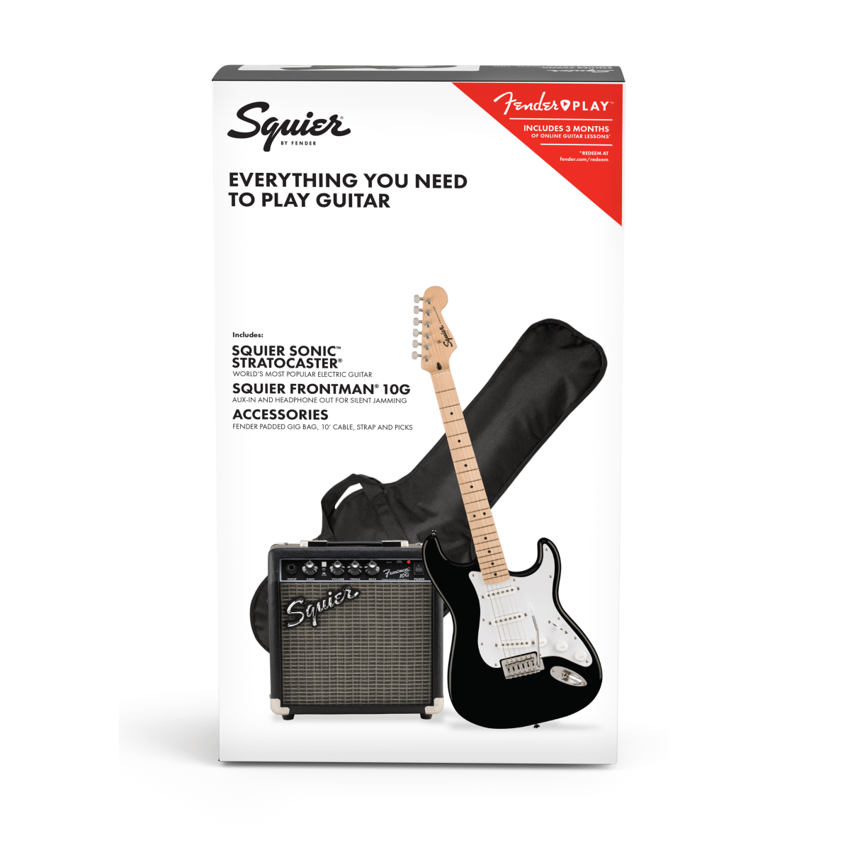 Squier Sonic Strat Pack Map Fretboard Black Gig Bag 10G AU