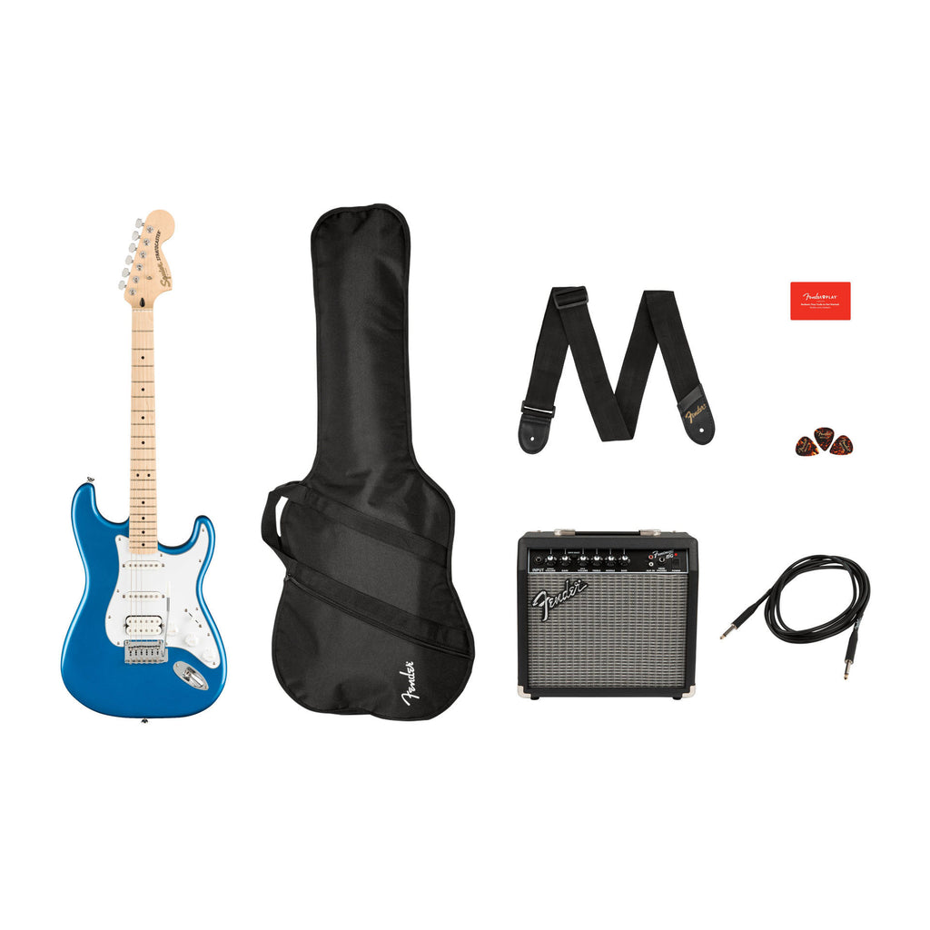 Squier Affinity Stratocaster HSS electric guitar in Lake Placid Blue with Fender Frontman 15G amplifier and accessories.