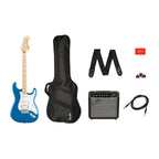 Squier Affinity Stratocaster HSS electric guitar in Lake Placid Blue with Fender Frontman 15G amplifier and accessories.