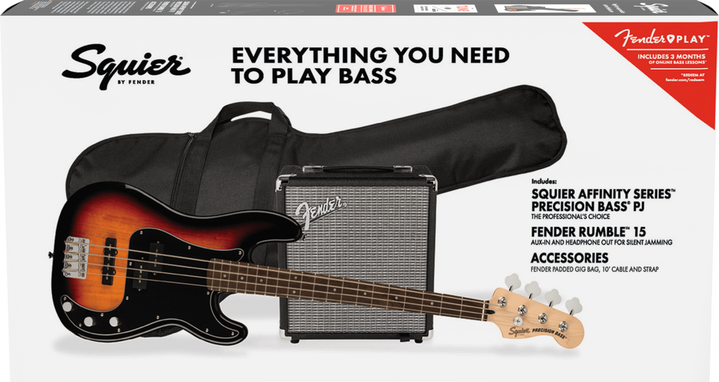 Squier Affinity Series Precision Bass PJ Starter Pack with Rumble 15 - 3-Colour Sunburst