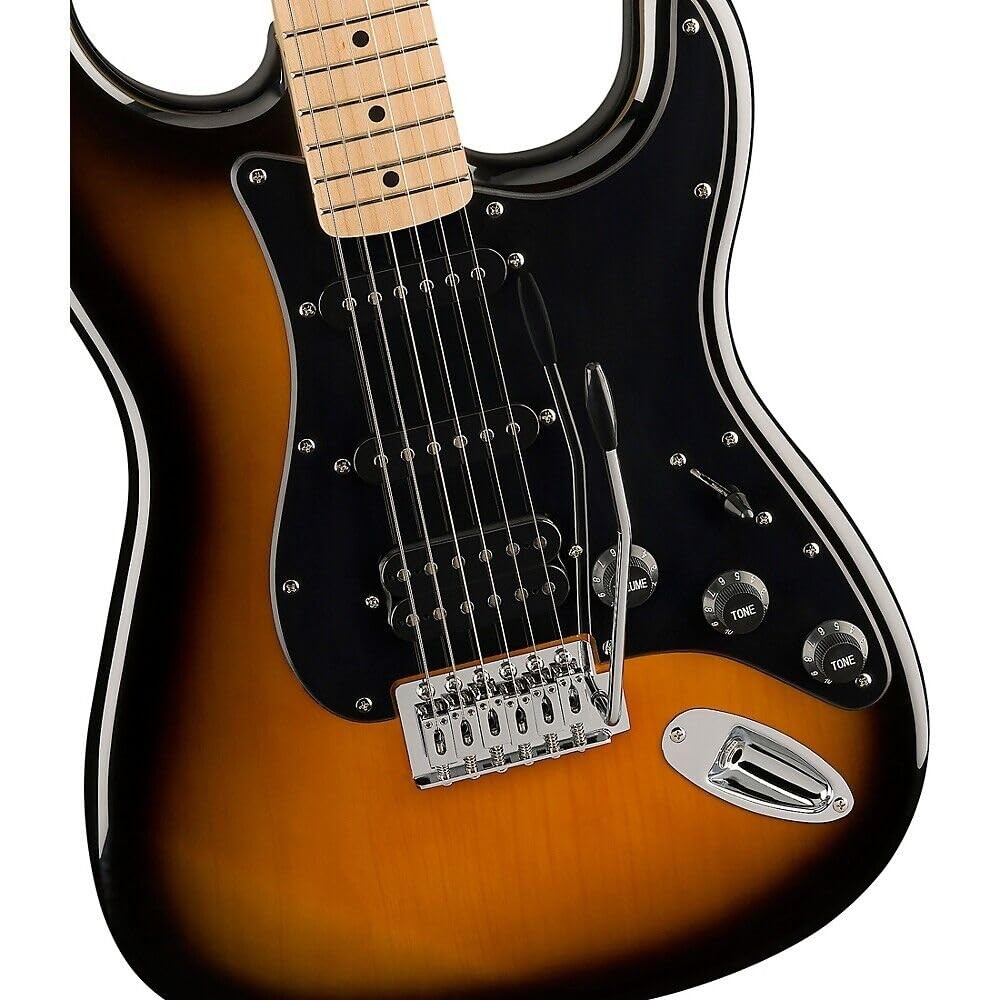 Squier Sonic Stratocaster HSS 2-Color Sunburst, black pickguard — body and pickups close-up