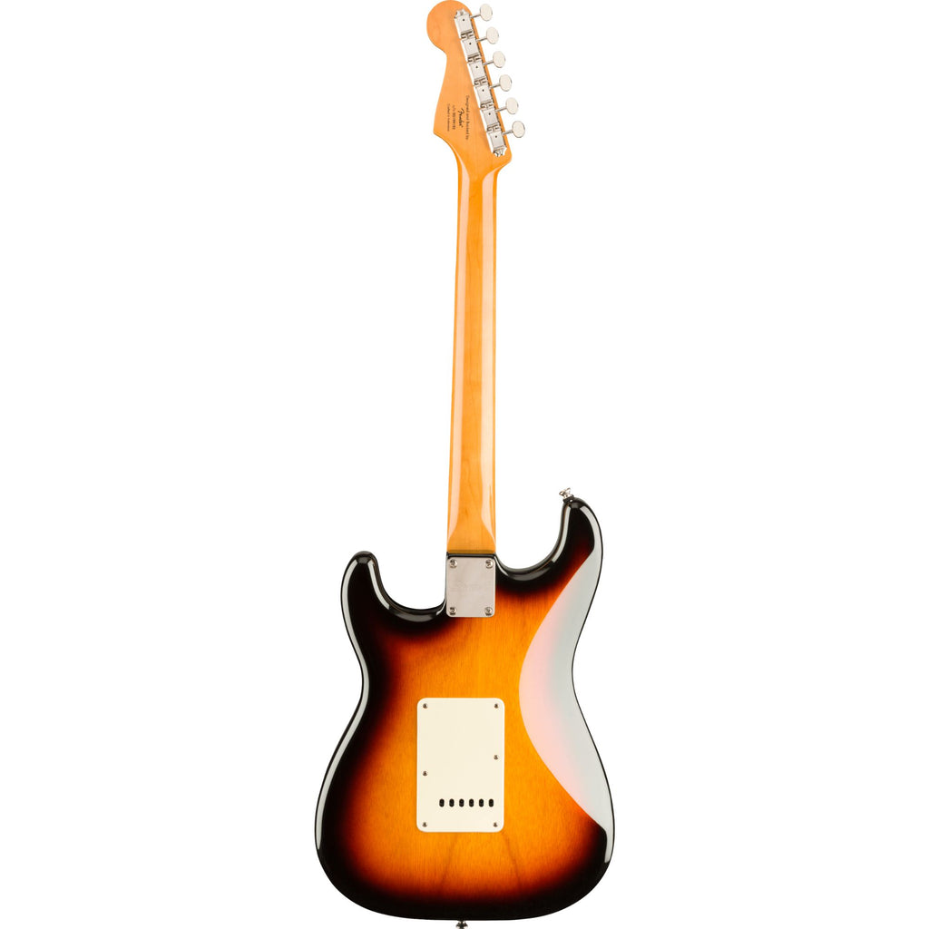 Squier Clas Vibe 60s Strat electric guitar with 3-color burst finish, vintage-style body and maple fingerboard.