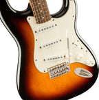Squier Clas Vibe 60s Strat electric guitar in 3-color burst finish with vintage-style body and maple fretboard.