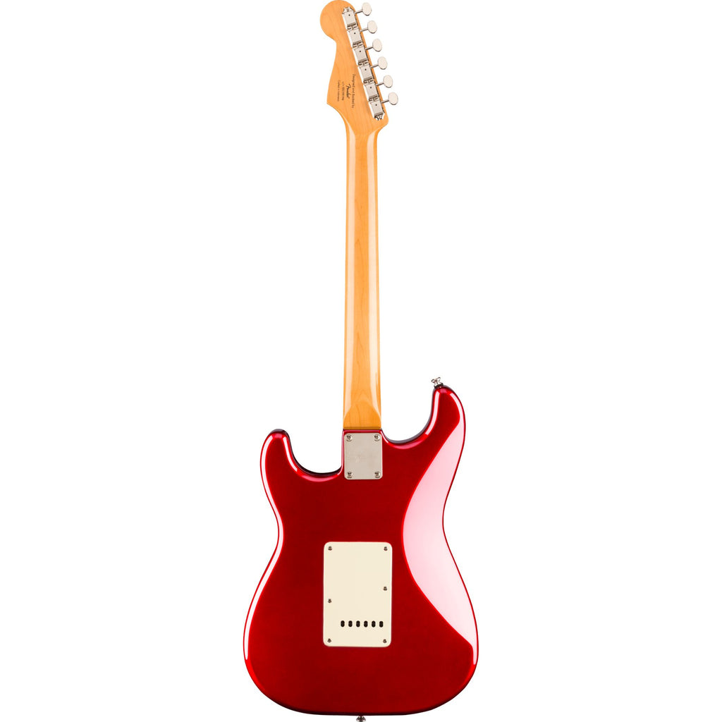 Squier Classic Vibe 60s Stratocaster electric guitar in Candy Apple Red with white pickguard and vintage-style control knobs.