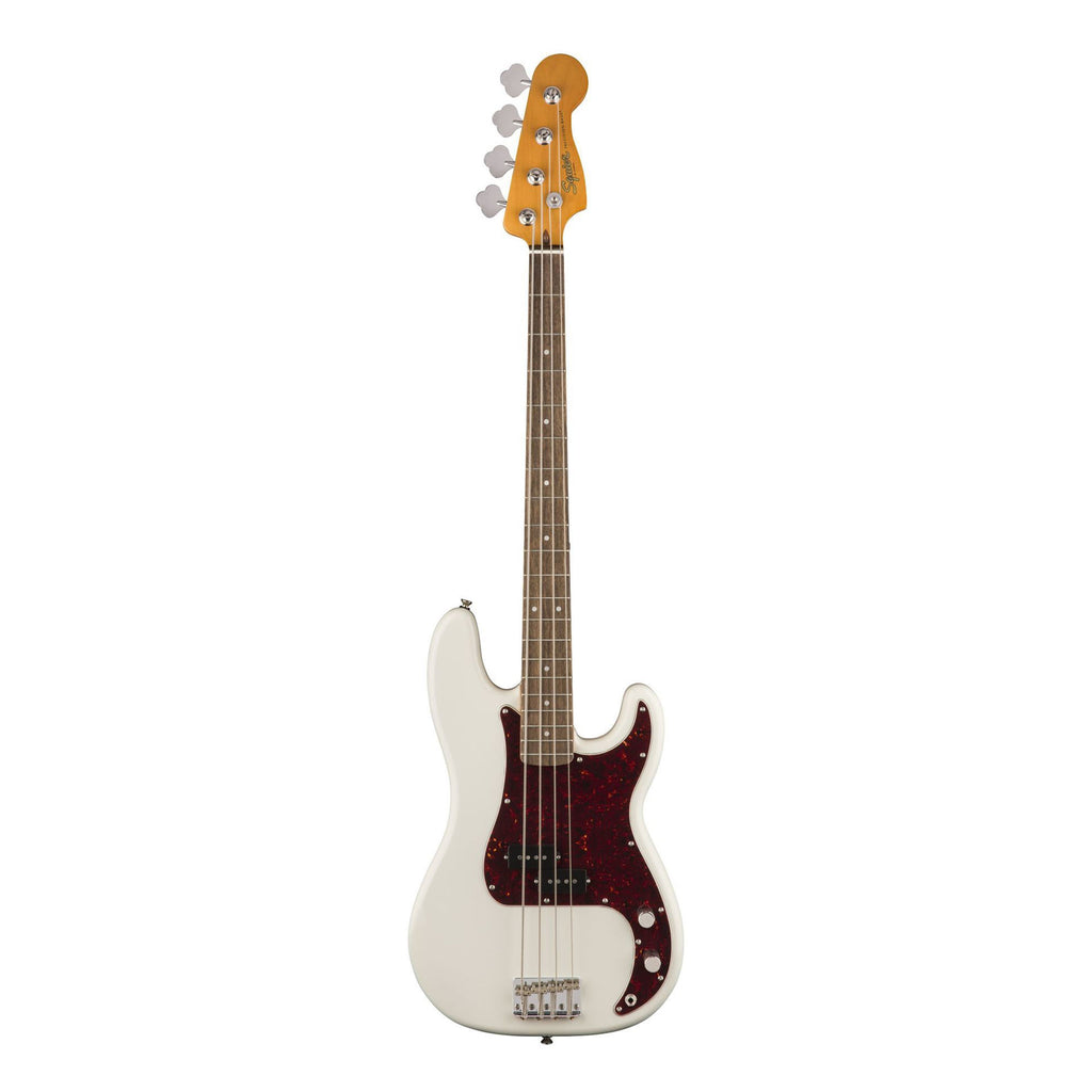 Squier Classic Vibe 60s Precision Bass guitar with Olympic White finish and laurel fretboard, showing the full instrument.
