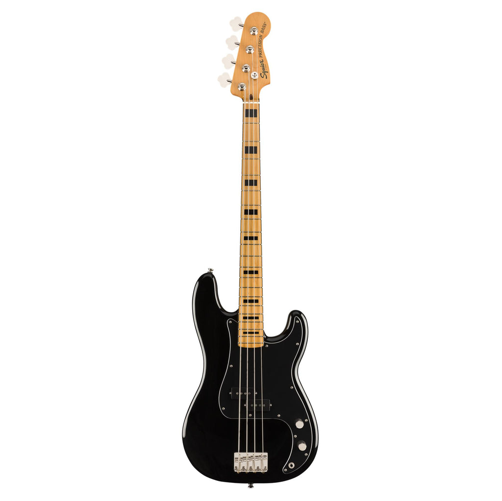 Black Squier Classic Vibe 70s Precision Bass Guitar with maple neck and vintage-style pickups, showcasing a classic electric bass guitar.