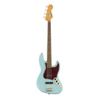 Squier Classic Vibe 60s Jazz Bass guitar in Daphne Blue with LRL pickup configuration, displayed on a stand.